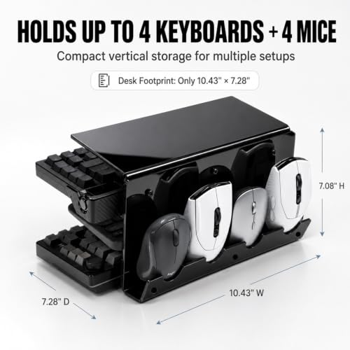 Keyboard Stand & Organizer, 3-Tier Black Acrylic Holds 4 Keyboards & 3 Mice, Includes Anti-Slip Pads, Brush & Dust Cloth for Gaming Setup & Home Office, Mechanical Keyboard Display Storage Rack - view 2