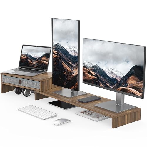 Triple Monitor Stand with Storage Drawer, Adjustable Length and Angle