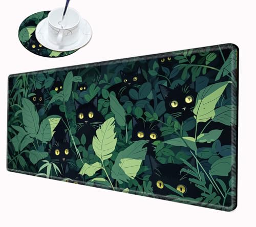 Grass Black Cat Mouse Pad Gaming Desk Mat 24x12 Mousepad XL Desk Pad Long Computer Mat Large Mouse Pads for Wireless Mouse Office Work Women