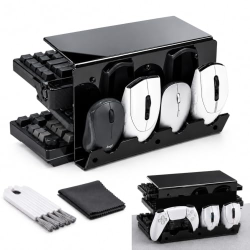 Keyboard Stand & Organizer, 3-Tier Black Acrylic Holds 4 Keyboards & 3 Mice, Includes Anti-Slip Pads, Brush & Dust Cloth for Gaming Setup & Home Office, Mechanical Keyboard Display Storage Rack