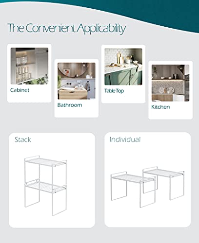 2pk Kitchen Cabinet Shelf Counter Organizer Rack Pantry Storage Bathroom Bedroom Office Table Desk Space Saving Steel Frame Stackable Rust Resistant Non Slip White-Tall- L13in W8.3in H9.5in - view 4