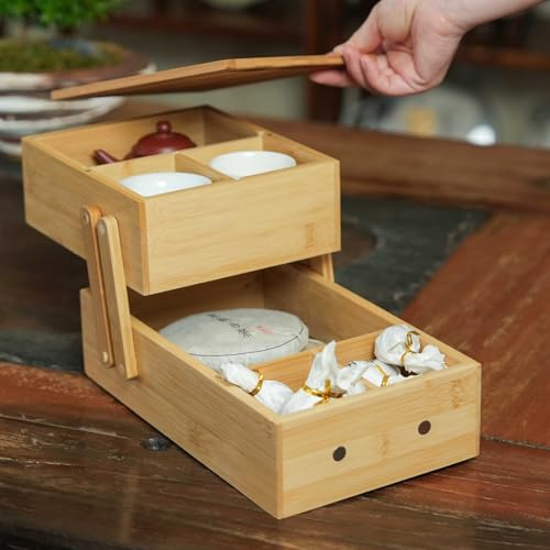 Bamboo Desktop Organizer Box with Drawer, 2-Tier Bamboo Storage Organizer with Compartments, Natural Bamboo Desk Organizer for Office Supplies, Tea Accessories, Makeup & Small Items - view 4
