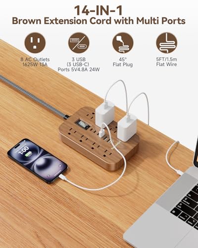 Walnut Power Strip with USB Ports - 5 FT - view 3