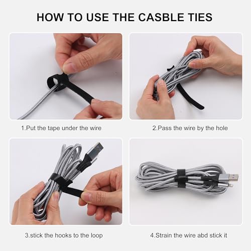 Reusable Cable Ties, 60 PCS 8 Inches Adjustable Cord Straps Wire Organizer Cord Wrap and Hook Loop Cable Management - view 3