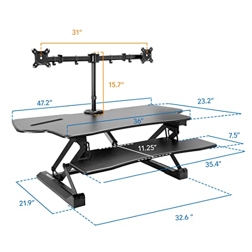 Mount-It! Electric Standing Desk Converter with Dual Monitor Arm, Stand Up Desk Riser X-Large 47.2" Wide, Electric Desk Riser with Mount for 2 Screens (Max 32"), Desktop with Keyboard Tray, USB, Black - view 2