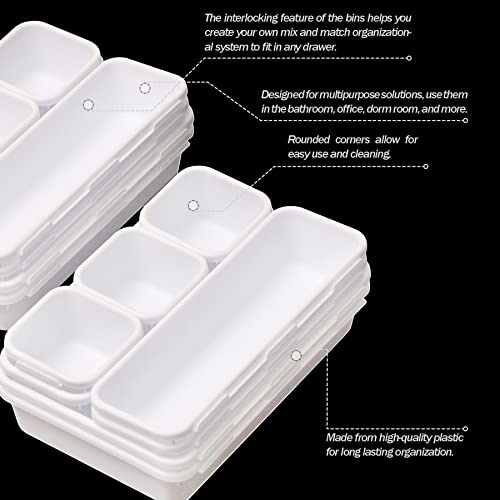 Set of 16 Interlocking Desk Drawer Organizer Tray Dividers Plastic Shallow Narrow Drawers Organizers Separators Storage Bins Container for Kitchen Bathroom Makeup Office Vanity Bedroom Dresser White - view 4
