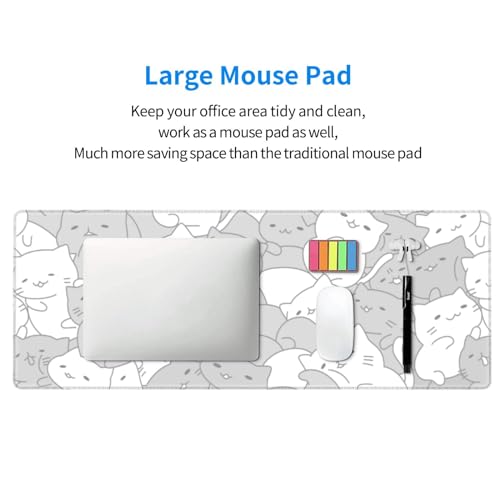 White Kawaii Cats E-Sport Mouse Pad Large Desk Mat Non-Slip Rubber Base Stitched Edge Keyboard Mouse Pad for Office Home E-Sport Computer Laptop, 31.5×11.8 Inches - view 5