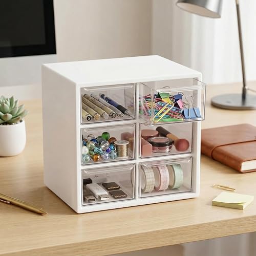 Small Drawer Organizer for Desk with 6 Clear Drawers, Mini Desktop Storage Box Plastic Craft Organizer for Office School and Home, White Drawer Organizer for Small Items Accessories Supplies