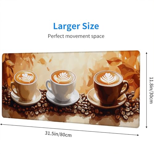 Coffee Desk Mat Gaming Mouse Pad Coffee Beans Leaves Leisure Work Large Gaming Mouse Mat with Stitched Edges,Non-Slip Waterproof Rubber Base Mouse Mat Office Computer Keyboard Laptop Home 31.5"x11.8" - view 2
