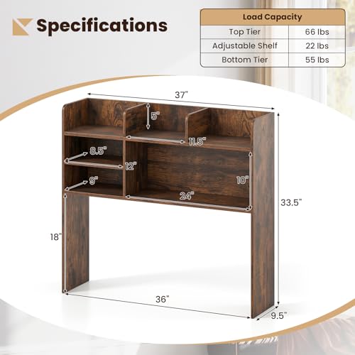 Desk Hutch, 37" Desktop Bookshelf with 6 Shelves, Wooden Desktop Organizer Display Rack with Adjustable Shelf, 3 Tier Desk Topper for College Dorm, Hutch Top Only - view 3