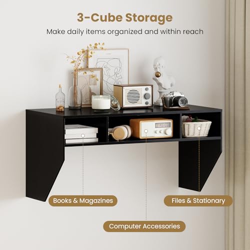 Wall-Mounted Computer Desk, Floating Laptop Desk with 3 Storage Compartments, Space-Saving Home Office Workstation Vanity Table for Bedroom, Study, Living Room (Black) - view 7
