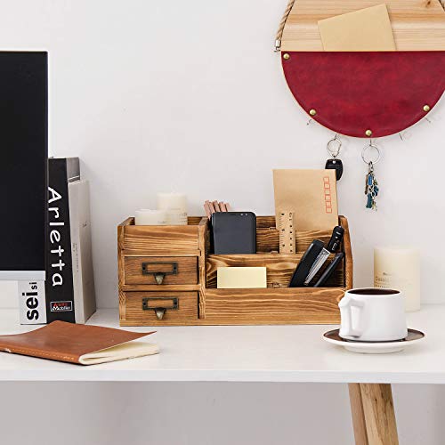 Liry Products Rustic Wooden Desktop Organizer Office Supplies Brown Tabletop Storage Cabinet Stepped Rack Multiple Compartments 2 Tier Drawers Makeup Accessory Jewelry Sorter Display Box Home Office - view 5