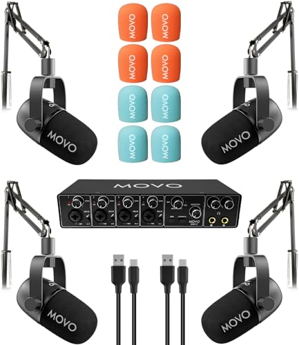 4-Person Podcast Equipment Bundle – 4-Channel USB Audio Interface, 4 CastMic Dynamic Microphones, 4 Boom Arms – Complete Recording Kit