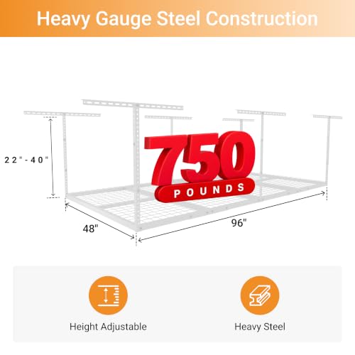 4x8ft Overhead Ceiling Garage Storage Rack, 750LBS Capacity, White - view 3