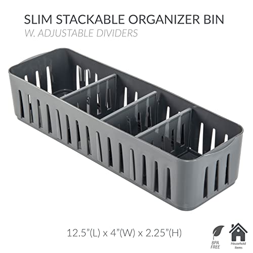 4 Compartment Stackable Bin with Adjustable Dividers | Drawer Organizer | Storage Basket | Good for Office | Desk Supplies | Dorm |Bathroom | Accessories | Make Up | Grey - view 2