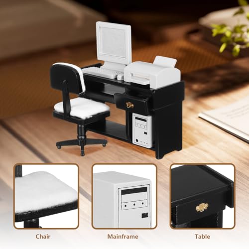 1:12 Dollhouse Office Furniture Set, Miniature Desk Chair Computer Printer Keyboard Accessories Black Office Scene Decor for Dollhouse Study Room - view 5