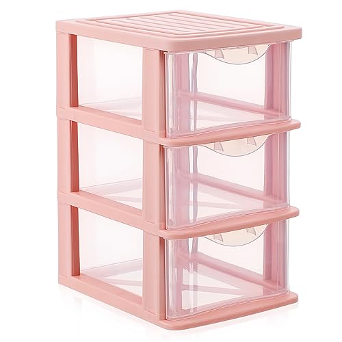 Pink Drawer Storage Box - 3 Drawer Plastic Organizer for Desk Makeup Stationery and Small Items - 9.05 X 6.88 X 5.31 Inch
