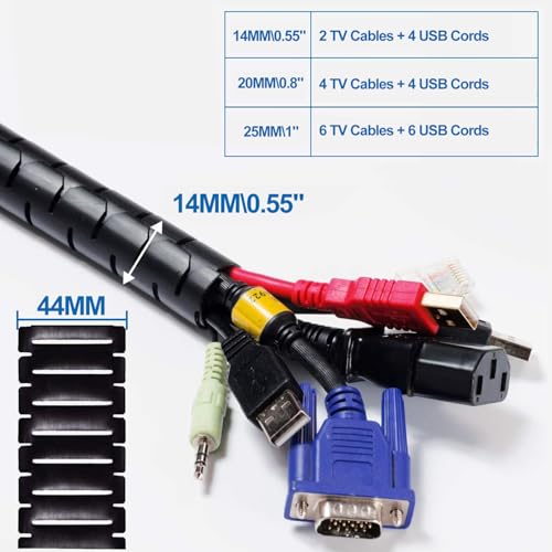 10FT Cable Management Sleeve Organizer,1/2 inch Coiled Cord Organizer w/4 Cable Clips & Guide Clip,Wire Cover Wire Wrap Cable Protector,Messy Cable Tube Hider Solutions TV PC Home Office - view 2