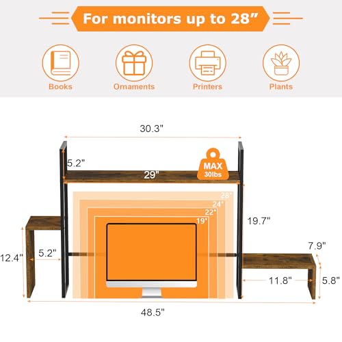 LED Desk Shelf Organizer with RGB Light Strip, 2-Tier Desktop Shelf for Computer Monitor, Sturdy Metal Frame & Wood Shelves - Desk Hutch Bookshelf for Home Office, Dorm, Gaming (Brown) - view 3