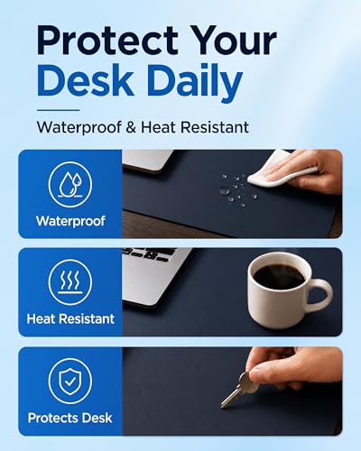 Dual-Sided Desk Mat, FSC Cork & PU Leather Desk Pad, Large Mouse Pad & Writing Surface for Compact Workspace, Non-Slip Waterproof Desk Protector - 25.6" x 13.7", Dark Blue - view 5