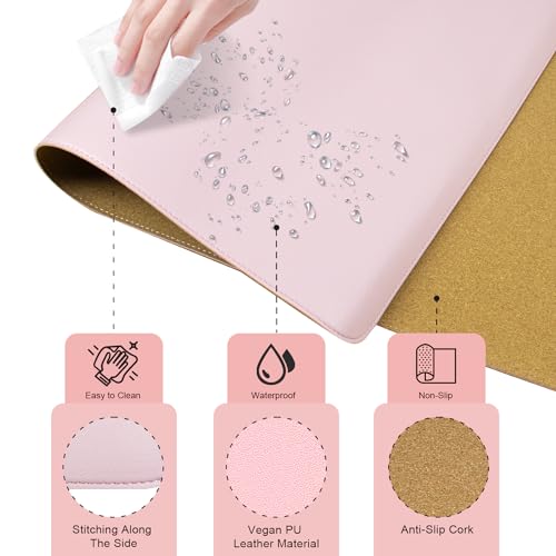 Dual-Sided Desk Pad, Natural Cork & PU Leather Mouse Pad for Desk, Desk Pad Protector, Non-Slip Desk Mat for Office and Home Work, (Pink, 23.6" x 13.7") - view 2