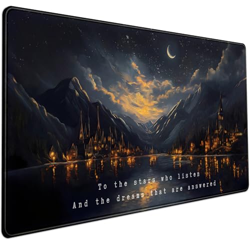 Starry Night Mountain Desk Pad Mat Moon Oil Painting XXL Black Mouse Pad for Gaming Deskpad, Aesthetic Moon and Stars Mousepad Xxl for Laptop Computer Mouse Game Keyboard Mat, 31.5 X 15.8 In