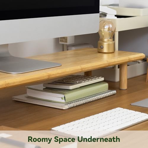 Bamboo Dual Monitor Stand Riser, Natural Desk Shelf with Storage - view 3