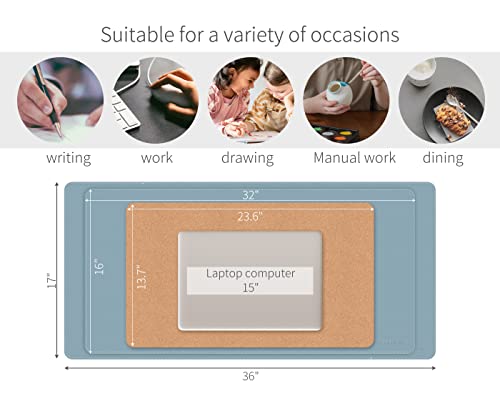 Dual-Sided Mouse Pad, Natural Cork & PU Leather Large Desk Pad for Office and Home Work, Desk Protector Non-Slip, Waterproof, Easy Clean (Blue Gray, 32"x16") - view 6