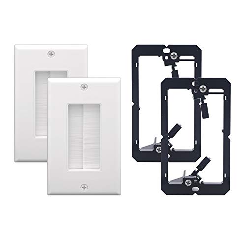 Brush Wall Plate Cable Pass Through with Bracket, White, 2-Pack