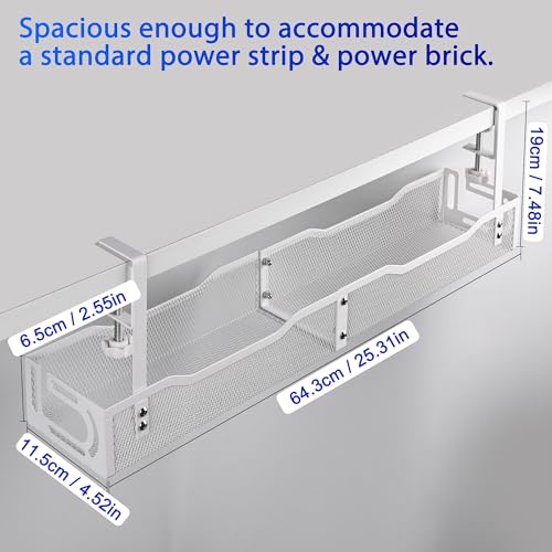 Under Desk Cable Management Box 25.3 Inch – Clamp-Mounted Cable Organizer Tray, Large Cord Management Box for Office & Home, Wire Organizer Under Desk Storage, White - view 4
