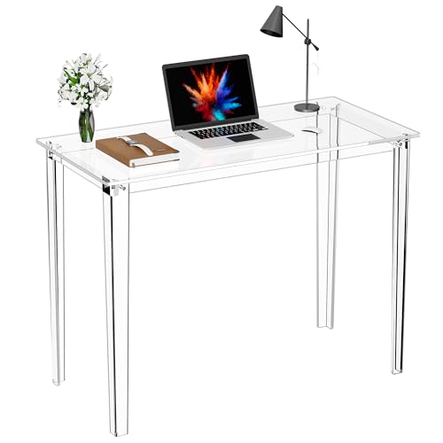 Clear Acrylic Writing Desk & Modern Round Acrylic Side Table Bundle, 2-Piece All-Clear Transparent Furniture Set for Home Office, Living Room, Bedroom & Lobby, Space Saving Easy Assembly Combo - view 5