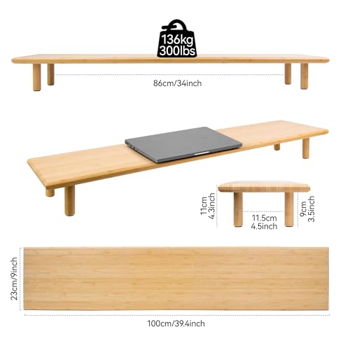 Bamboo Dual Monitor Stand Riser, Natural Desk Shelf with Storage - view 6