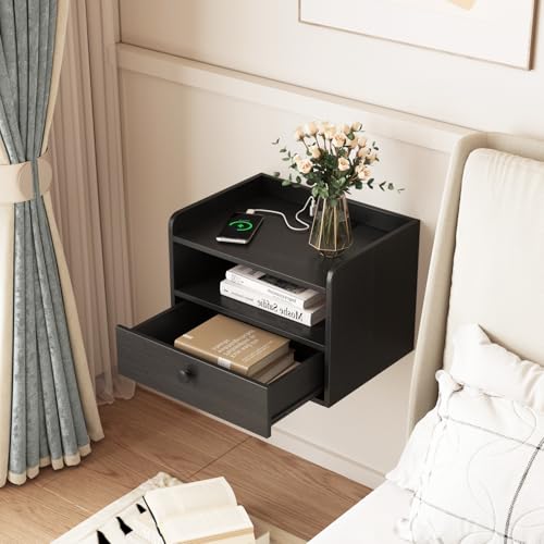 Floating Nightstand Set of 2 Modern Night Stands with Drawer and Open Shelf - view 4