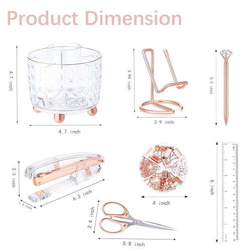 Rose Gold Desk Accessories, Office Supplies Desk Organizers 360°Pen Holder Acrylic Stapler Set, Phone Holder, Ballpoint Pen, Scissor, Binder Clips, Ruler, Transparent Glue, Sticky Note and Staples. - view 7