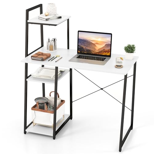 Computer Desk with Shelves, Space Saving Home Office Desk with 3-Tier Ladder Shaped Storage Bookshelf, Modern Writing Study Desk with Metal Frame, Compact Computer Workstation (White)