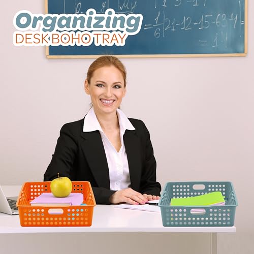 6 Pack Classroom Paper Baskets, Organizing Desk Boho Tray for A4 Papers, Classroom Storage Plastic Paper Bins, Fun Turn In Trays for Teachers and Students, Office Desk Room Trays - view 4