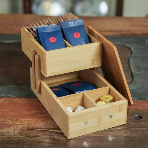 Bamboo Desktop Organizer Box with Drawer, 2-Tier Bamboo Storage Organizer with Compartments, Natural Bamboo Desk Organizer for Office Supplies, Tea Accessories, Makeup & Small Items - view 6