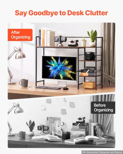 Desk Shelf 38.6" W, Desktop Bookshelf Storage Hutch for Computer Monitor, Metal Frame and Wooden Shelf, 4-Tier Desk Display Rack, Multipurpose Desk Organizer Hutch for Dorm, Home, Office - view 4