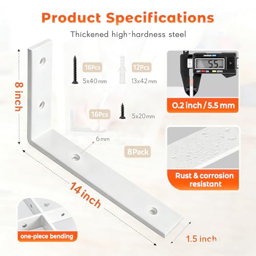 Shelf Bracket 8 Pack 14" Lx8 H 5mm Thick Heavy Duty White L Brackets - view 3
