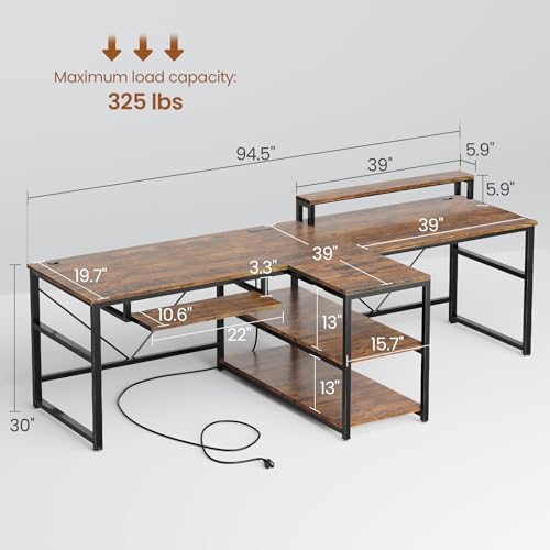 94.5" 2 Person Gaming Desk with Storage Shelf,LED Light,Rustic Brown - view 2