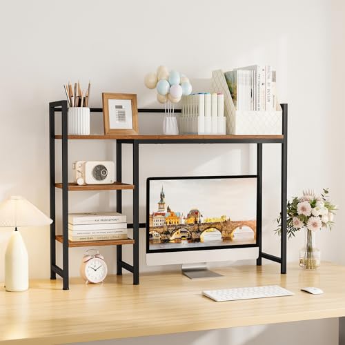 Desk Shelf, 38.6" Desktop Organizer Shelf, Desk Hutch for Computer Monitor, 4 Tier Desk Display Rack, Wood Desktop Bookshelf Storage Rack for Home Office Dorm, Rustic Brown - view 2