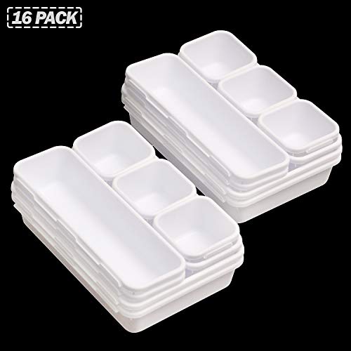 Set of 16 Interlocking Desk Drawer Organizer Tray Dividers Plastic Shallow Narrow Drawers Organizers Separators Storage Bins Container for Kitchen Bathroom Makeup Office Vanity Bedroom Dresser White - view 7