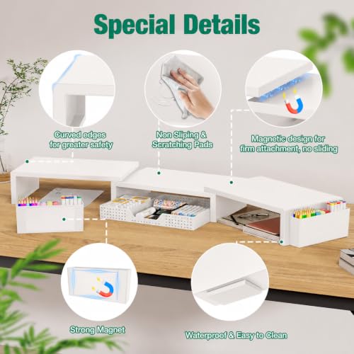 Desk Organizer and Accessories, Computer Monitor Stand Riser with Drawer and 2 Pen Holders, Laptop Stand, Office Desk Accessories for Office Supplies, White - view 3