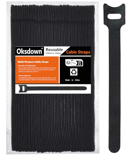 Cable Ties Reusable Black 50 Pack Cord Straps Hook and Loop Wire Wraps Keepers Clips Organizer Management Kit for tv pc Computer Charging Data Cables