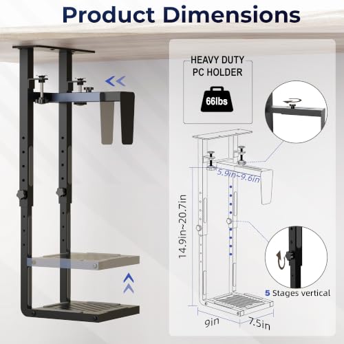 Adjustable Under Desk PC Mount, Clamp-On CPU Holder, Black - view 2