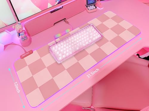 Pink RGB Gaming Mouse Pad 31.5x12 Inch PC XL Large Extended Glowing Led Light Up Desk Pad Non-Slip Rubber Base Computer Cute Mousepad Mat Desk Accessories Gaming Setup Pink Checkered - view 5