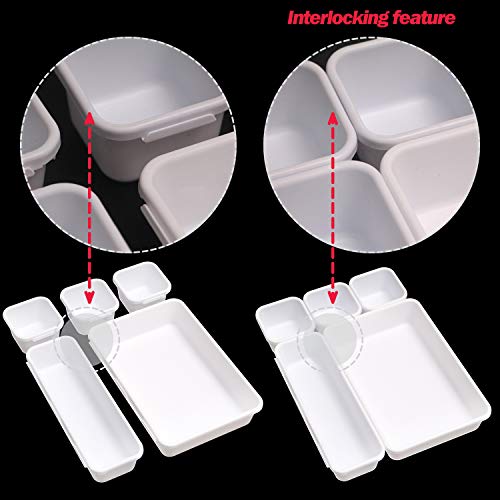 Set of 12 Interlocking Desk Drawer Organizer Tray Dividers Plastic Shallow Narrow Drawers Organizers Separators Storage Bins Container for Kitchen Bathroom Makeup Office Vanity Bedroom Dresser White - view 5