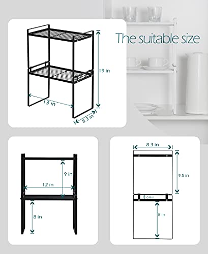 2pk Kitchen Cabinet Shelf Counter Organizer Rack Pantry Storage Bathroom Bedroom Office Table Desk Space Saving Steel Frame Stackable Rust Resistant Non Slip Black-Tall-L13in W8.3in H9.5in - view 3