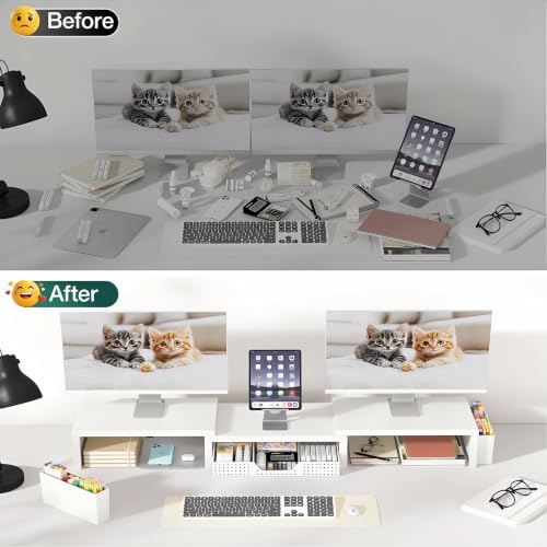 Desk Organizer and Accessories, Computer Monitor Stand Riser with Drawer and 2 Pen Holders, Laptop Stand, Office Desk Accessories for Office Supplies, White - view 5
