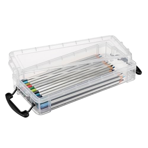 1 Pack Modern Plastic Pencil Box, Clear Marker Organizer, Stackable Storage Box for Painting Brushes Pencils, Crayon Case Pen Container with Snap-tight Lid for Drawing Tools Small Items (Black)
